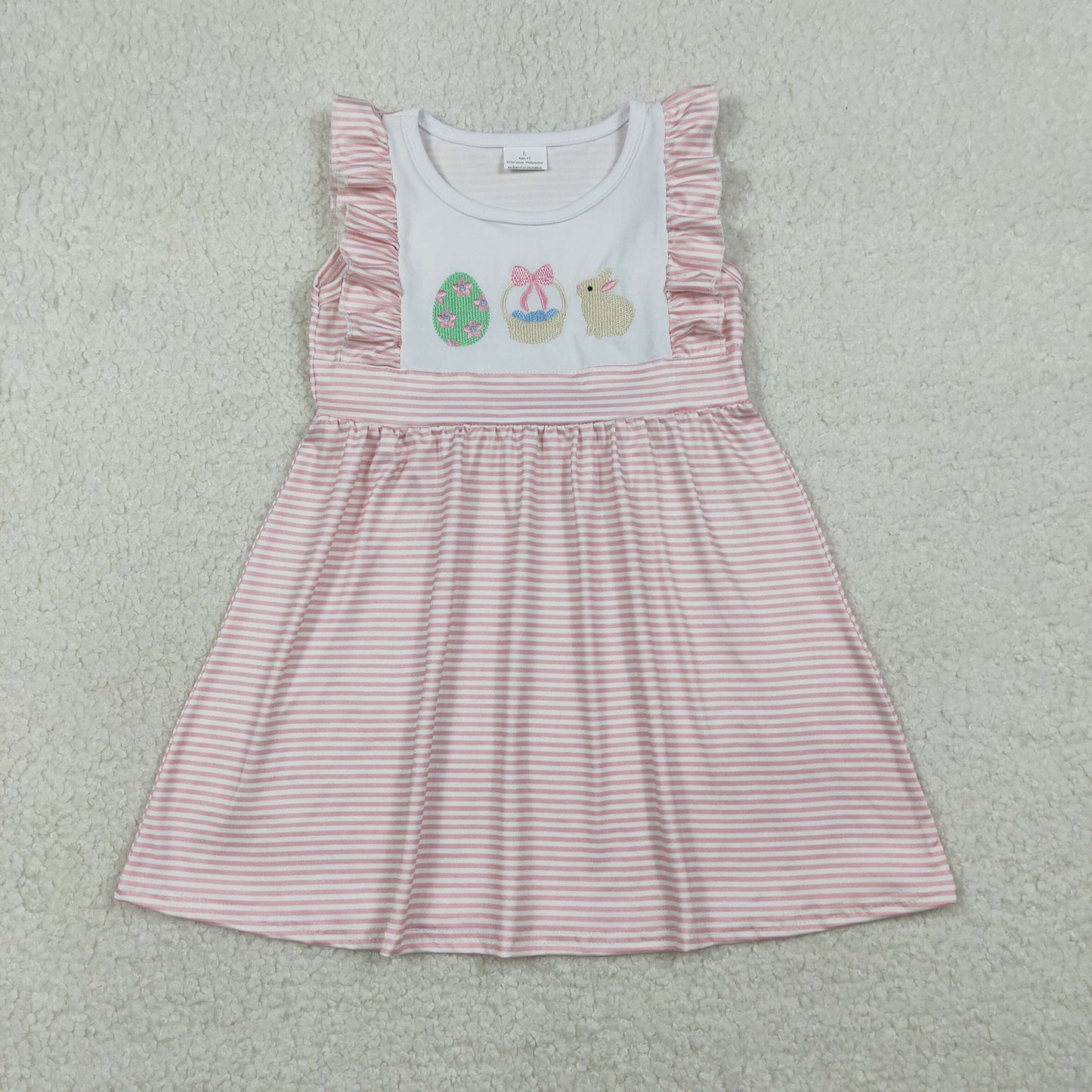 RTS NO MOQ(In Stock ) GSD2957 Embroidered Easter flower, egg basket, and rabbit pink striped sleeveless dress
