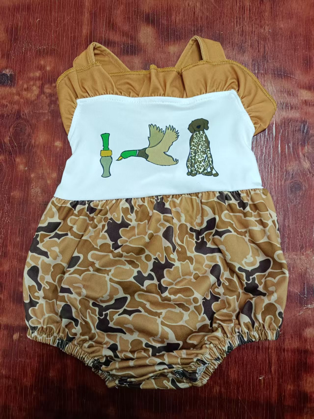 Custom moq 3 eta 6-7weeks baby girl clothes duck puppy camouflage sleeveless romper