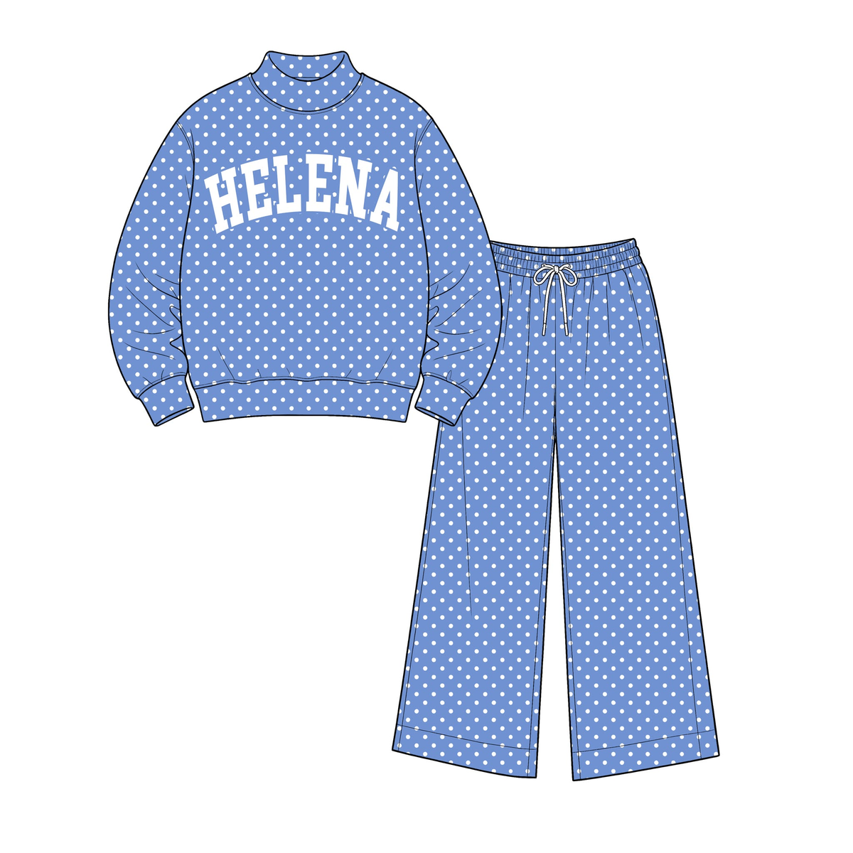 custom moq 5 mix size ENSNHS01 High Neck Baby Kids Blue White Polka Dot Top Wide Leg Pants Set