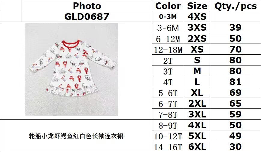 rts no moq GLD0687 Ship Crayfish Crocodile Red White Long Sleeve Dress