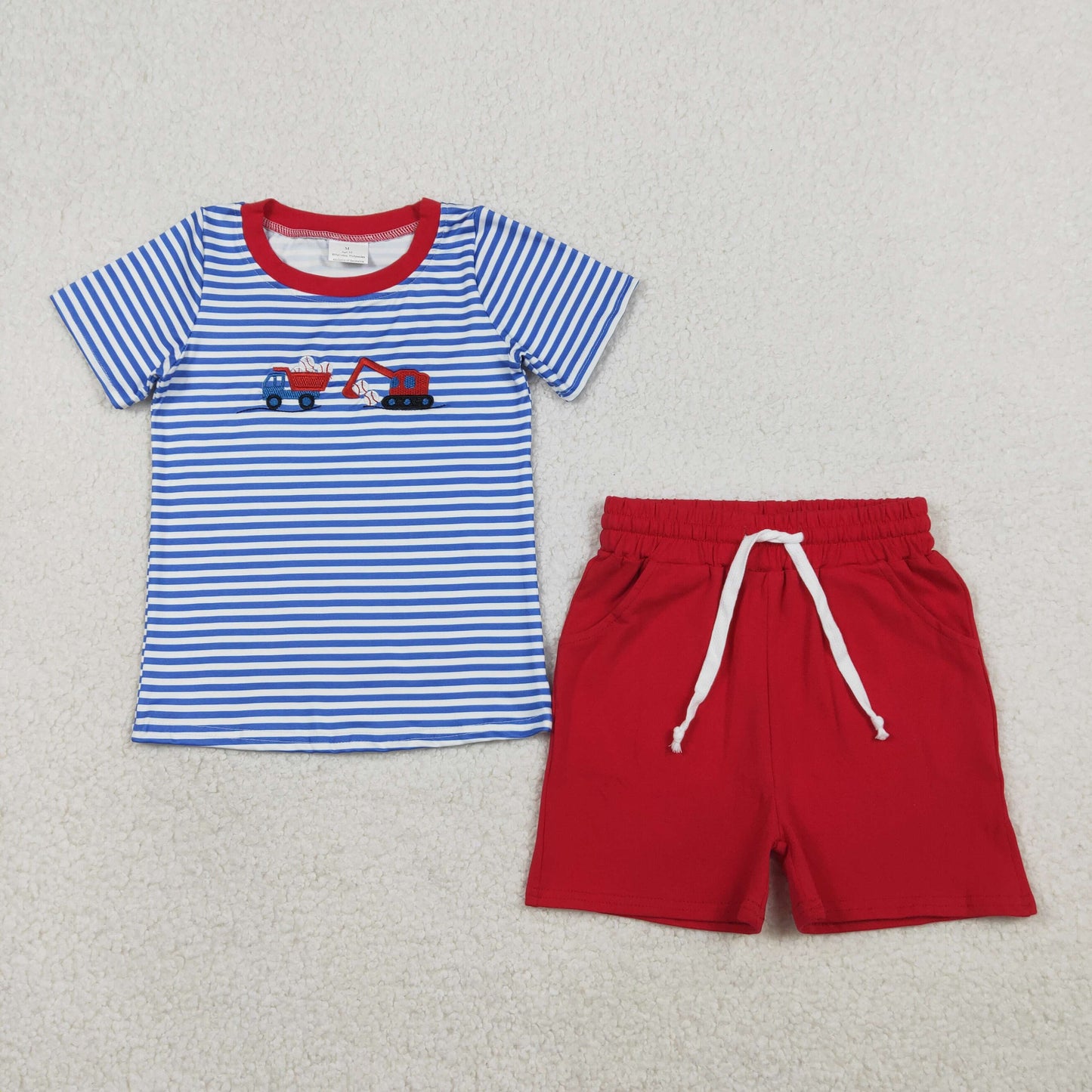 RTS NO MOQ(In Stock) BSSO1671 Embroidered Baseball Truck Construction Vehicle Blue Striped Short-Sleeve Sleeve and Red Shorts Set