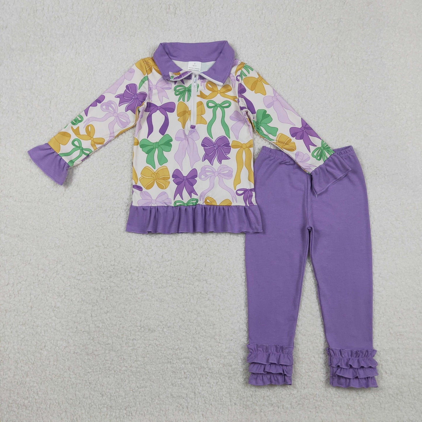 RTS NO MOQ(In Stock) GLP2823 Carnival Bow Pattern Purple Lace Zipper Long-Sleeved Pants Set