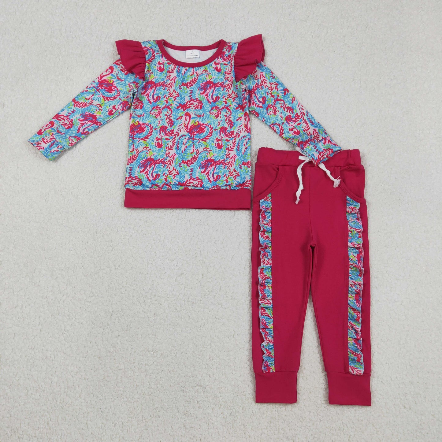 RTS NO MOQ(In Stock) Seaweed Pattern Long-Sleeve Lace Rose Red Trousers Set