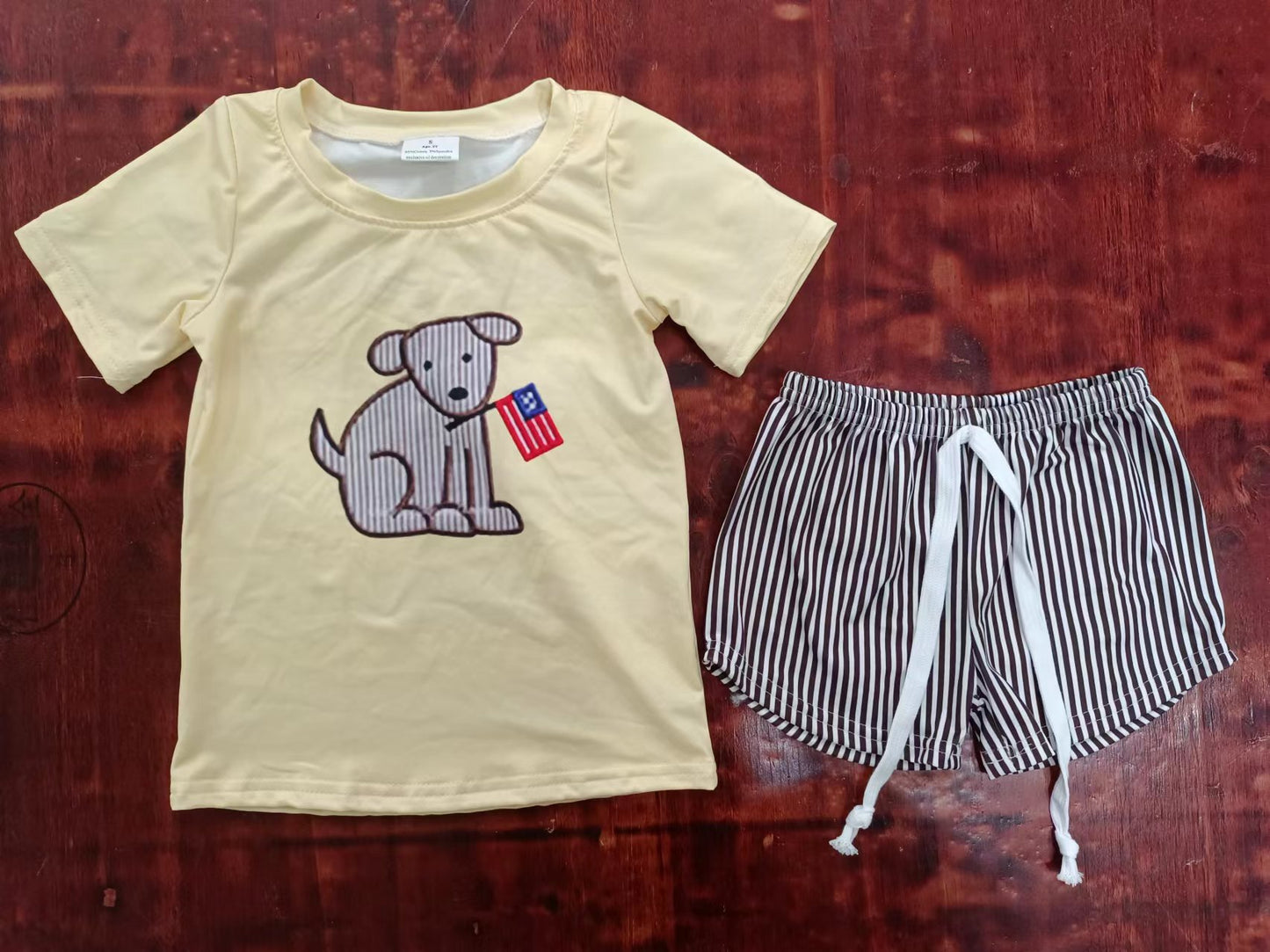 custom moq 5 eta 4-6weeks summer baby boys clothes dog flag short sleeve grid shorts set