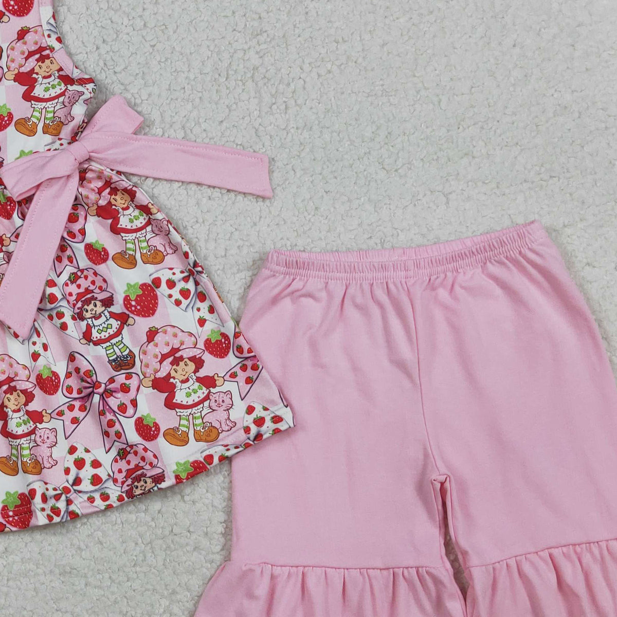 RTS NO MOQ Baby Sleeveless Pink Checked Strawberry Girls Tunic Ruffle Shorts Clothes Sets