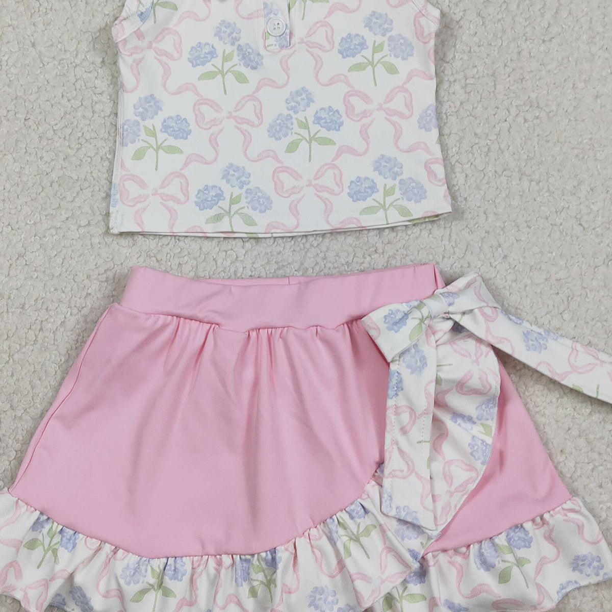 RTS NO MOQ GSD3478 Baby Girls Yoga Active Clothes Set Bows Flowers Button Vest Top Ruffle Skirt Shorts