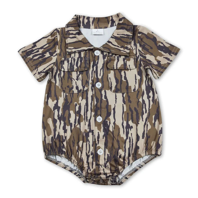 RTS NO MOQ Sibling Baby Boys Southern Orange Camo Button Pockets Rompers