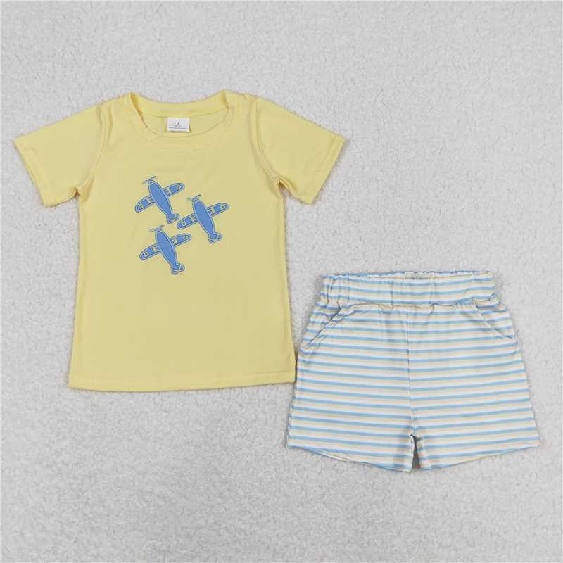 RTS NO MOQ(In Stock) Embroidery Car Plane Helicopter Short Sleeve Shorts Suit