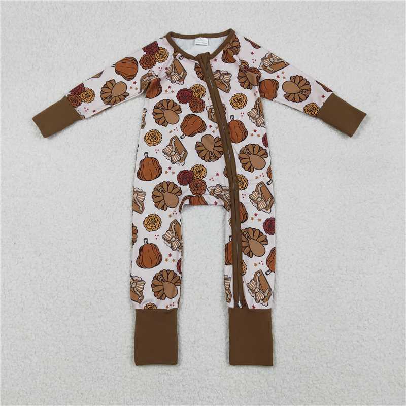 RTS NO MOQ(In Stock) Turkey Plaid Bow Pattern Zippered Long-Sleeved Bodysuit
