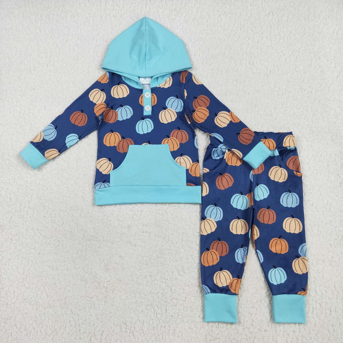 RTS NO MOQ(In Stock) BLP1154 Pumpkin blue pocket hooded long-sleeved trousers set