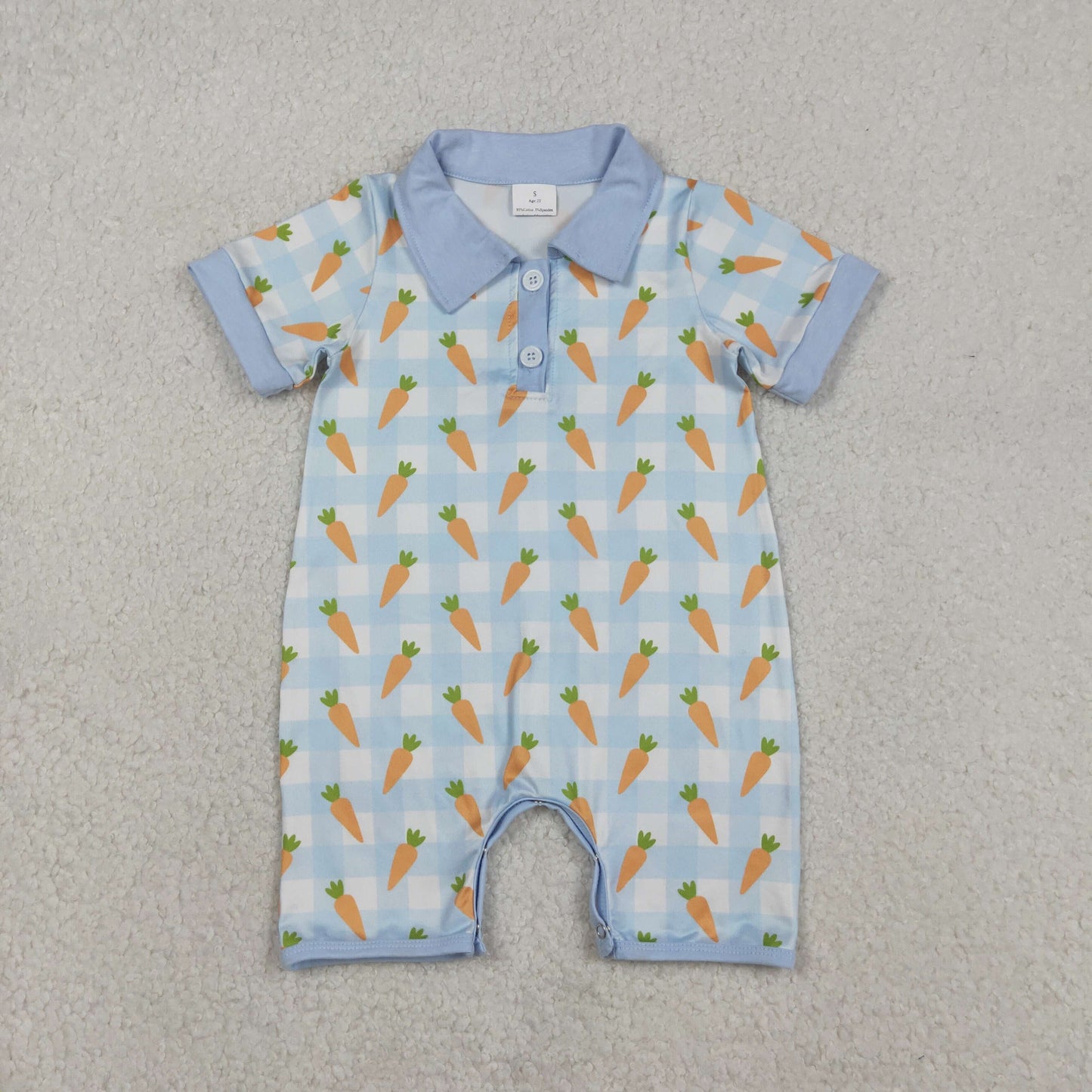 RTS NO MOQ(In Stock) Easter Carrot Blue and White Checkered Button-Up Neckline Short-Sleeve Jumpsuit