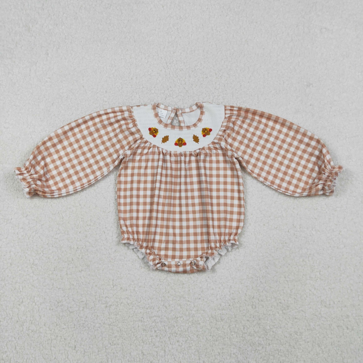 RTS NO MOQ(In Stock) LR2205 Smocked Embroidered Turkey Leaves Brown and White Plaid Long Sleeve Bodysuit