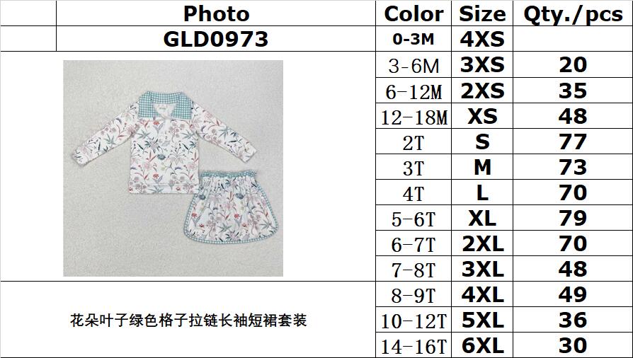 RTS NO MOQ ETA 5/7days Arrived GLD0973 Flower and leaf green plaid zipper long-sleeved short skirt set