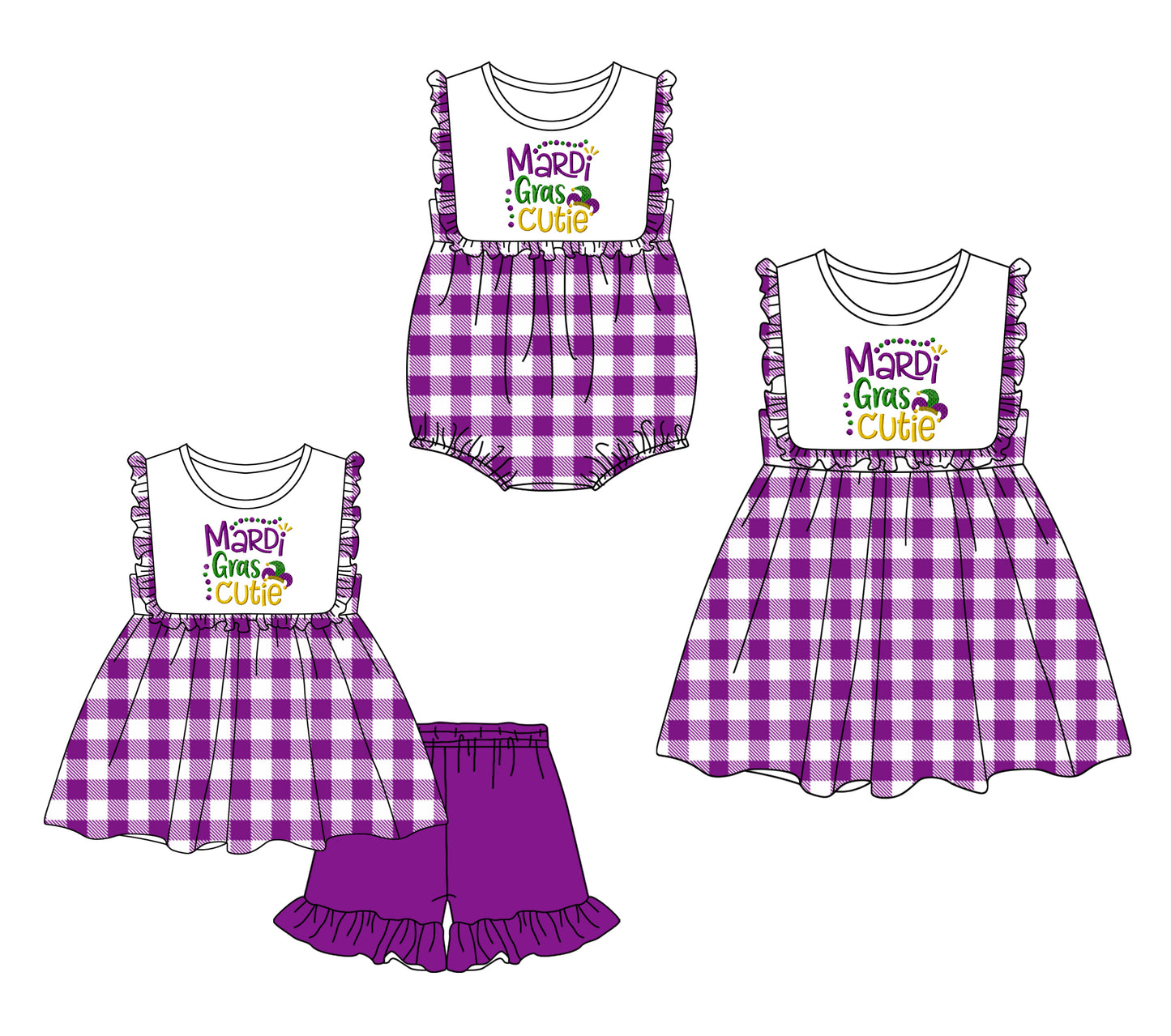 12.6 custom each style moq 5eta 4-6week Sibling Sister mardi gras baby girl short sleeve shorts sets and dress and rompers match family design