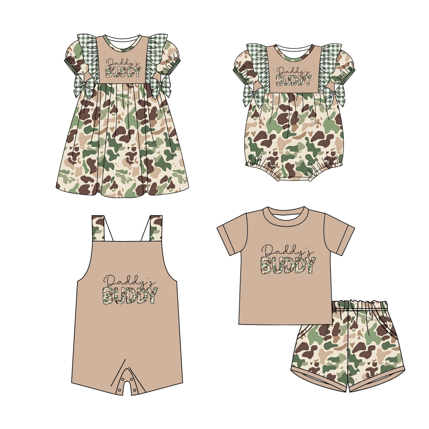 11.21 custom each style moq 5eta 4-6week Sibling Sister DADDY BUDDY camouflage baby boy short sleeve shorts sets and girls romper and boy romper and dress match design