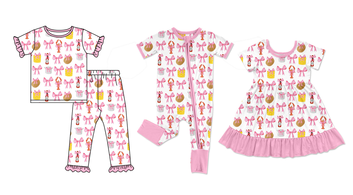 11.28 custom each style moq 5eta 4-6week Sibling Sister bow potatoes crayfish baby girl sets and dress and rompers match family design