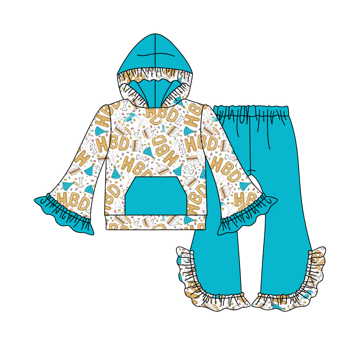 6.4 custom each style moq 5 eta 4-6week baby girls clothes HBD cake teal hooded long sleeve lace pants outfits