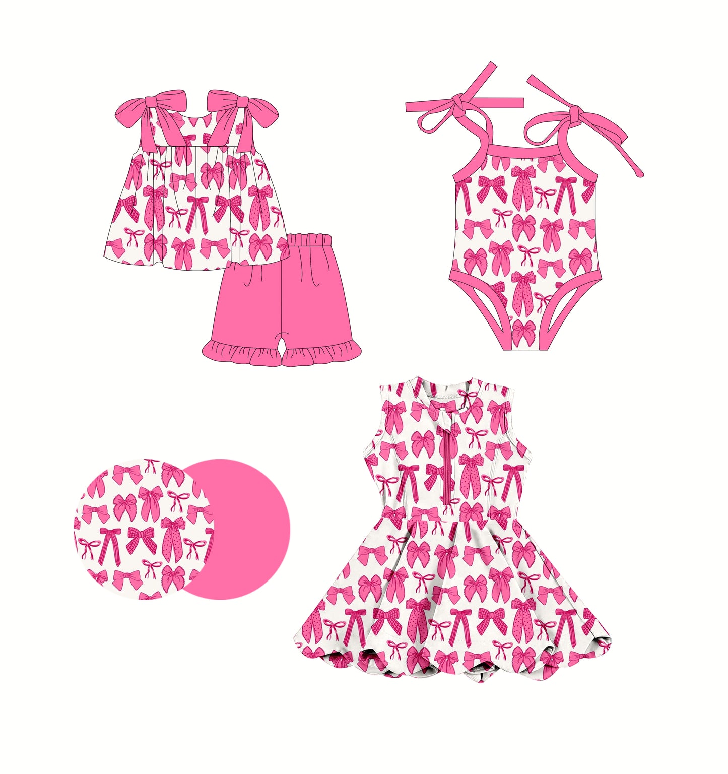 2.24 custom each style moq 5eta 4-6week Sibling Sisters bow baby girl short sleeve shorts sets and dress and rompers match family design