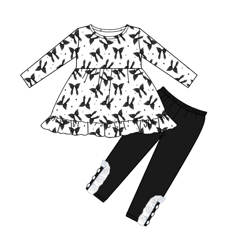 7.27 custom each style moq 5eta 4-6week baby girls clothes bow black long sleeve pants sets