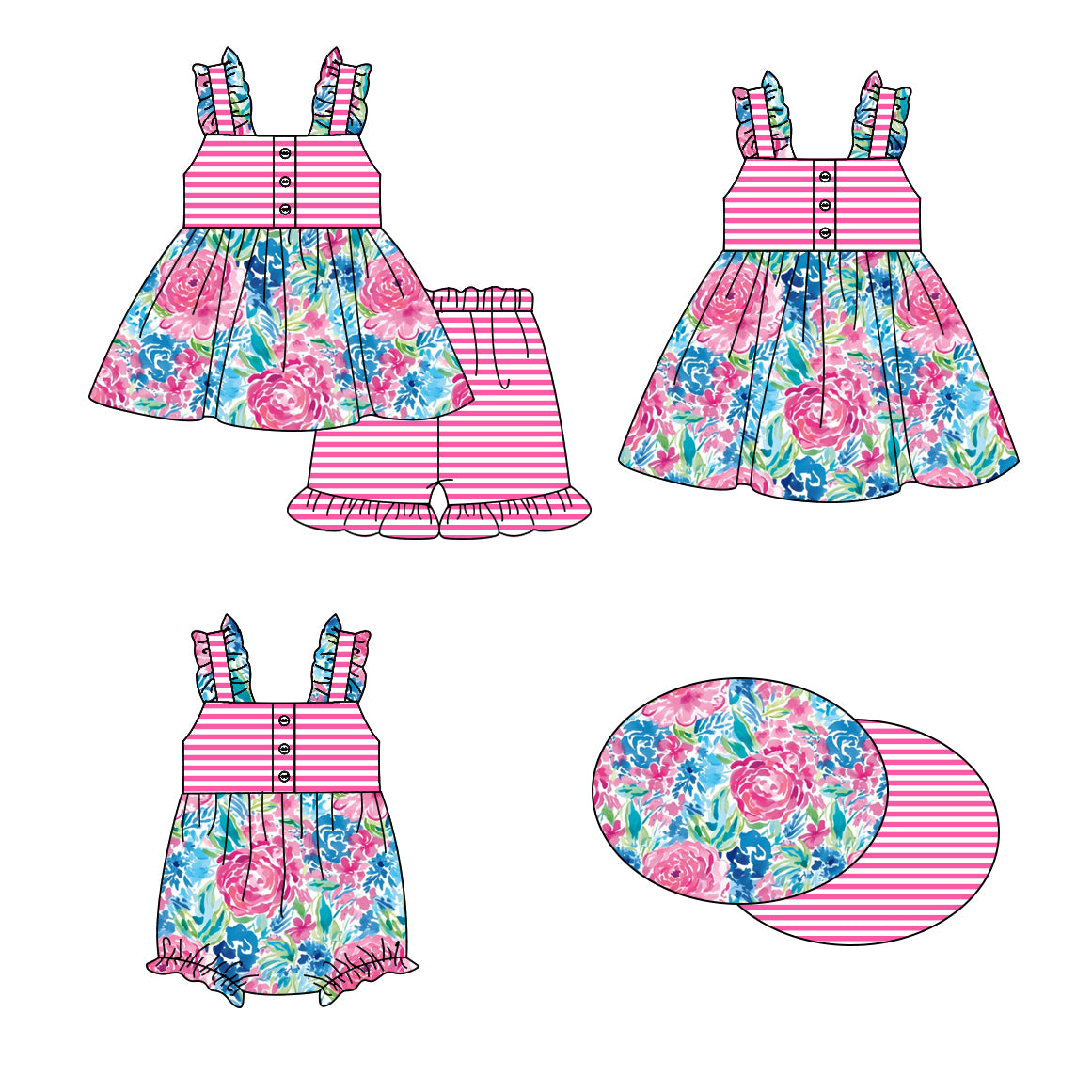 1.16 custom each style moq 5eta 4-6week Sibling Sisters floral baby girl short sleeve shorts sets and dress and rompers match family design
