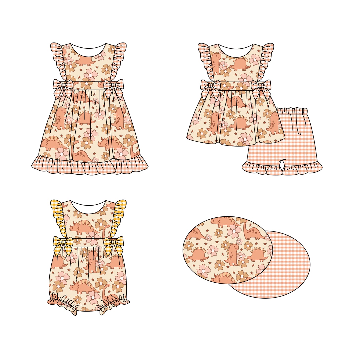 11.18 custom each style moq 5eta 4-6week Sibling Sister dinosaur floral baby girl short sleeve shorts sets and dress and rompers match family design