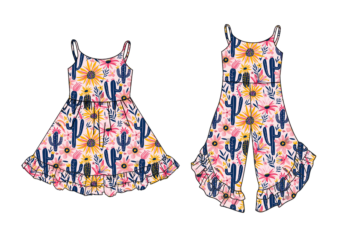 3.1 custom each style moq 5eta 4-6week Sibling Sister catcus baby girl dress and jumpsuit match family design