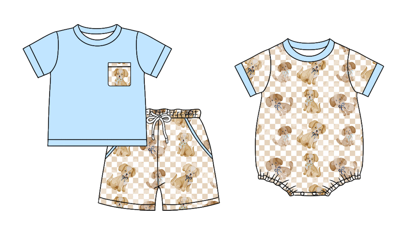 25.12.16 custom each style moq 5 eta 6-8week Sibling Sister puppy bow baby boy short sleeve shorts sets and romper match design
