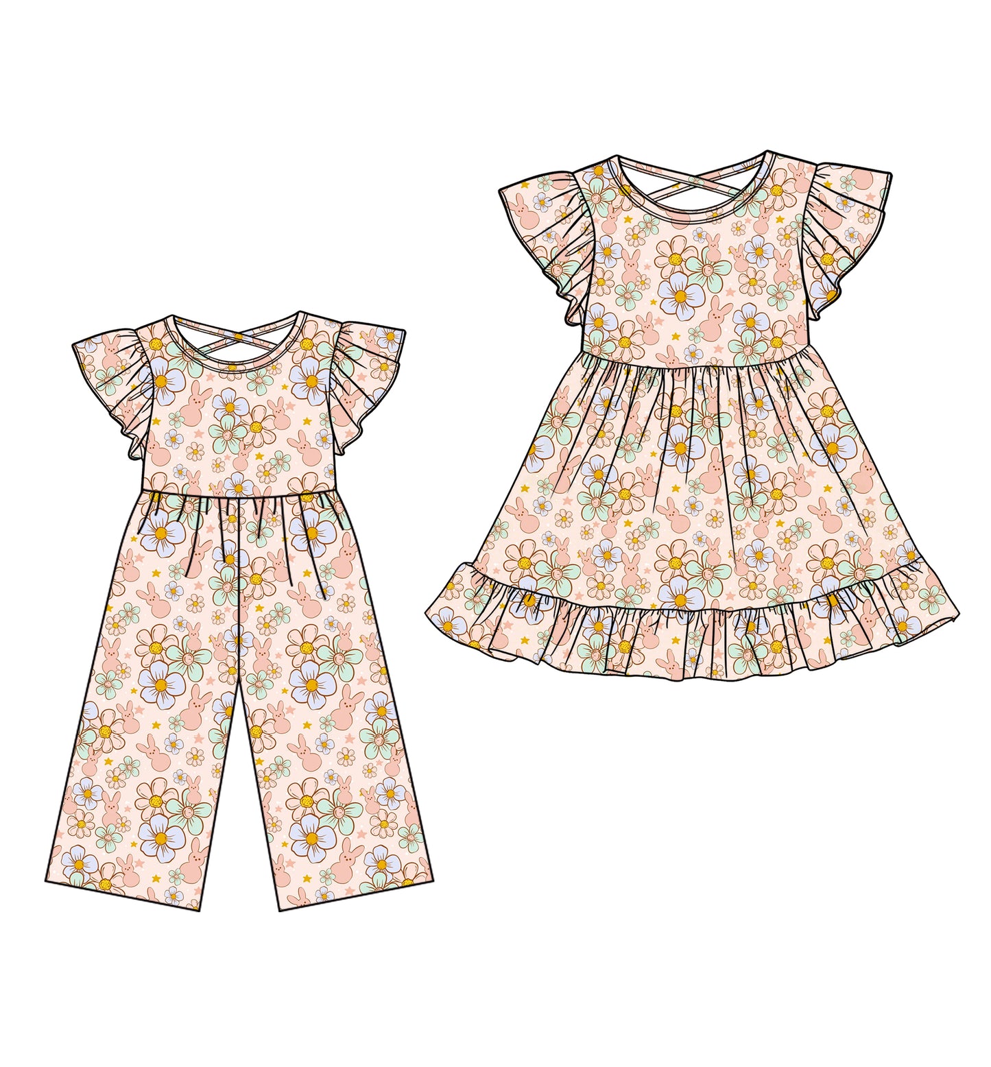 25.12.24 custom each style moq 5 eta 6-8week Sibling Sister bunny floral baby short sleeve dress and jumpsuit match design