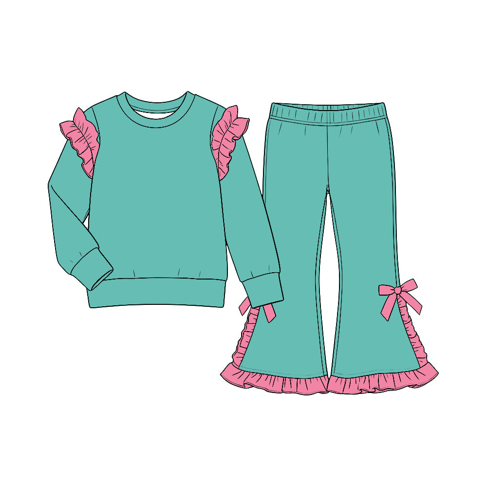 custom moq 5 mix size Baby Girls Solid Teal and Hot Pink Ruffle Shoulder Sweatshirt And Ruffle Hem Bow Flare Pant Set