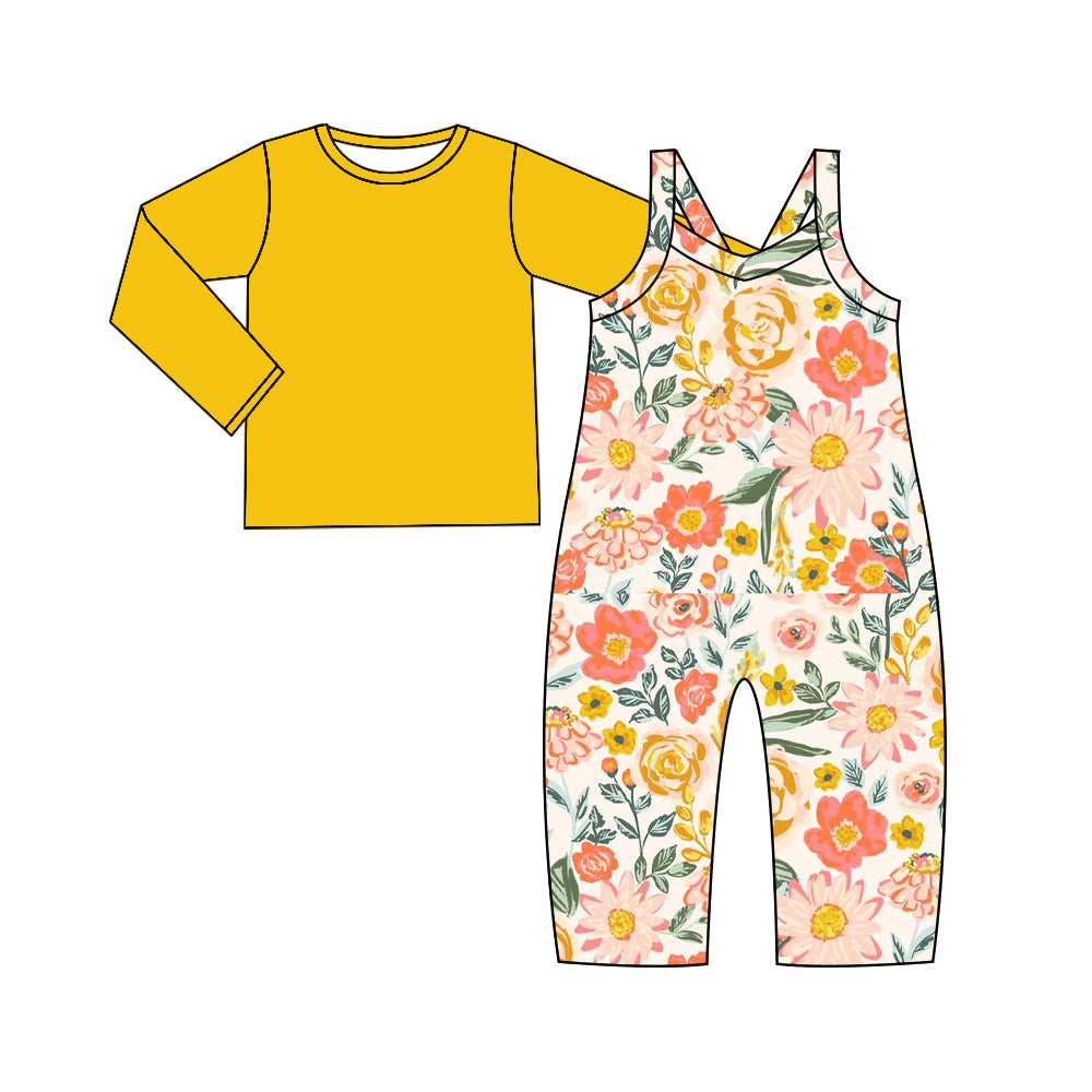 9.12 custom each style moq 5eta 4-6week baby girls clothes floral yellow long sleeve suspender pants sets