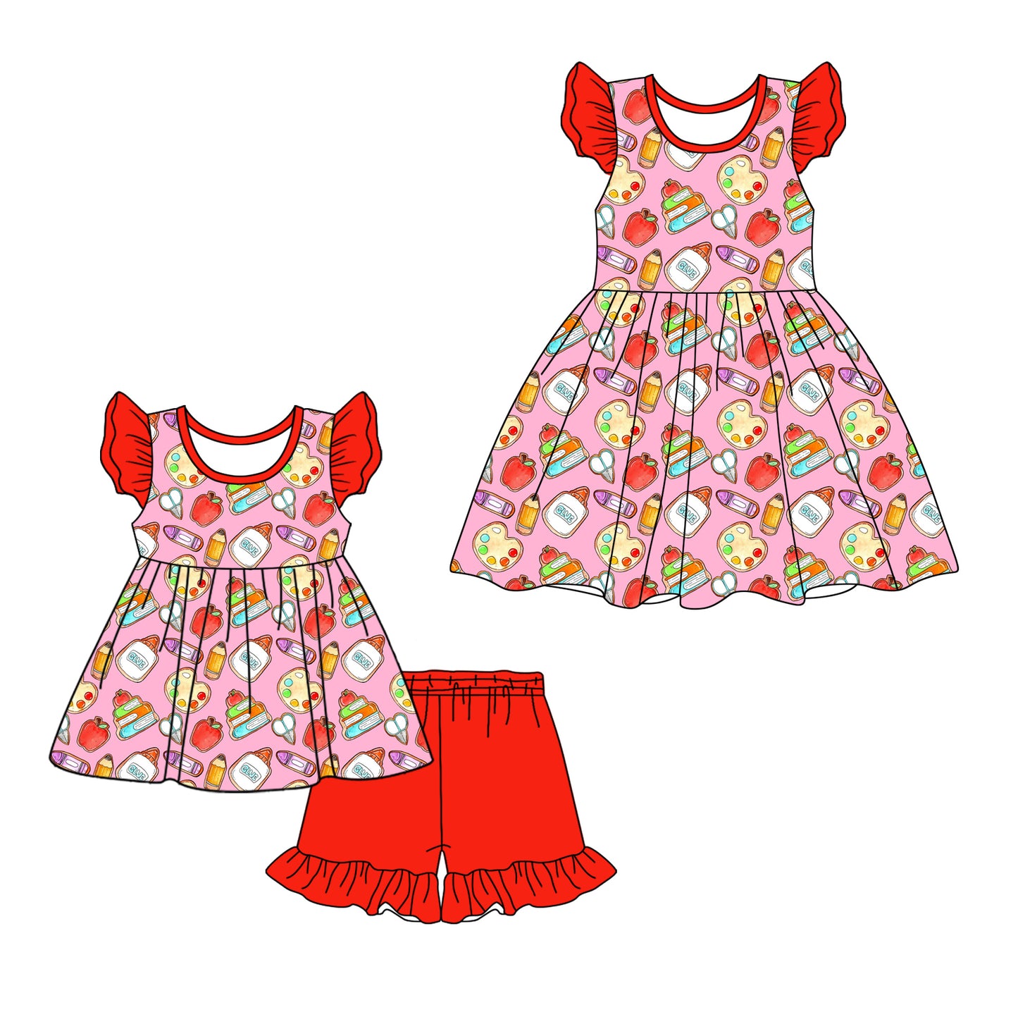Custom moq 5 mix size Sibling Baby Girl's Back To School red Short-Sleeved Top And Shorts Set Cute Dress for Summer