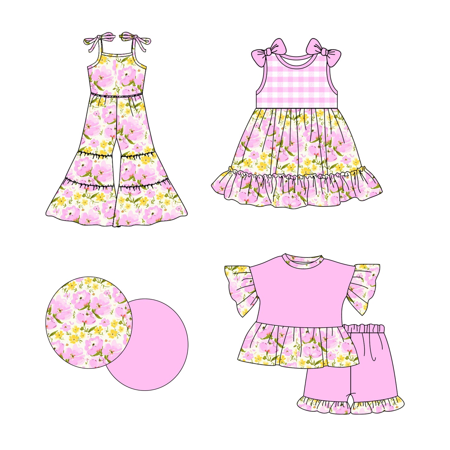 2.20 custom each style moq 5eta 4-6week Sibling Sister floral baby girl sets and dress and jumpsuit match family design