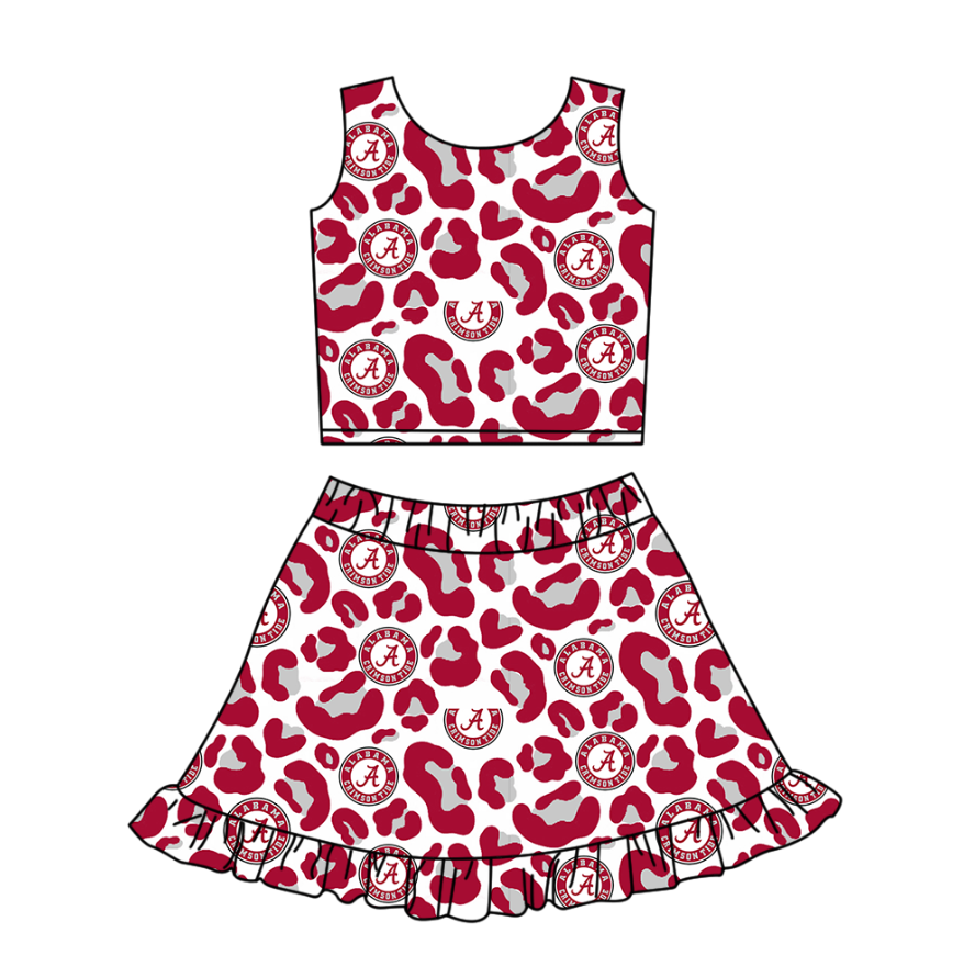 Custom moq 5 mix size milk silk summer teams baby girl clothes camouflage dark red sleeveless skirts set