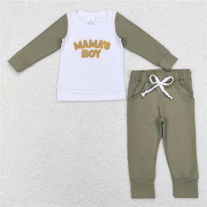 RTS NO MOQ(In Stock) BLP0435 Baby Boys embroidery MAMA Top Pants Outfits Sets