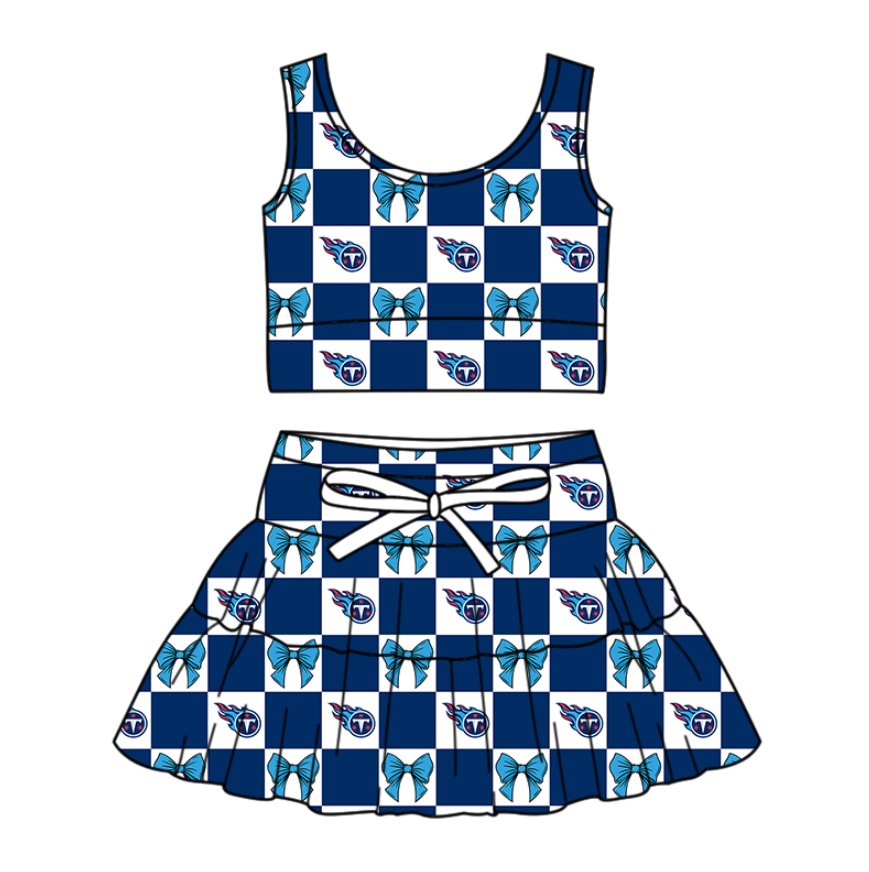 Custom moq 3 or 5 mix size milk silk summer teams baby girl clothes bow blue sleeveless skirts sets