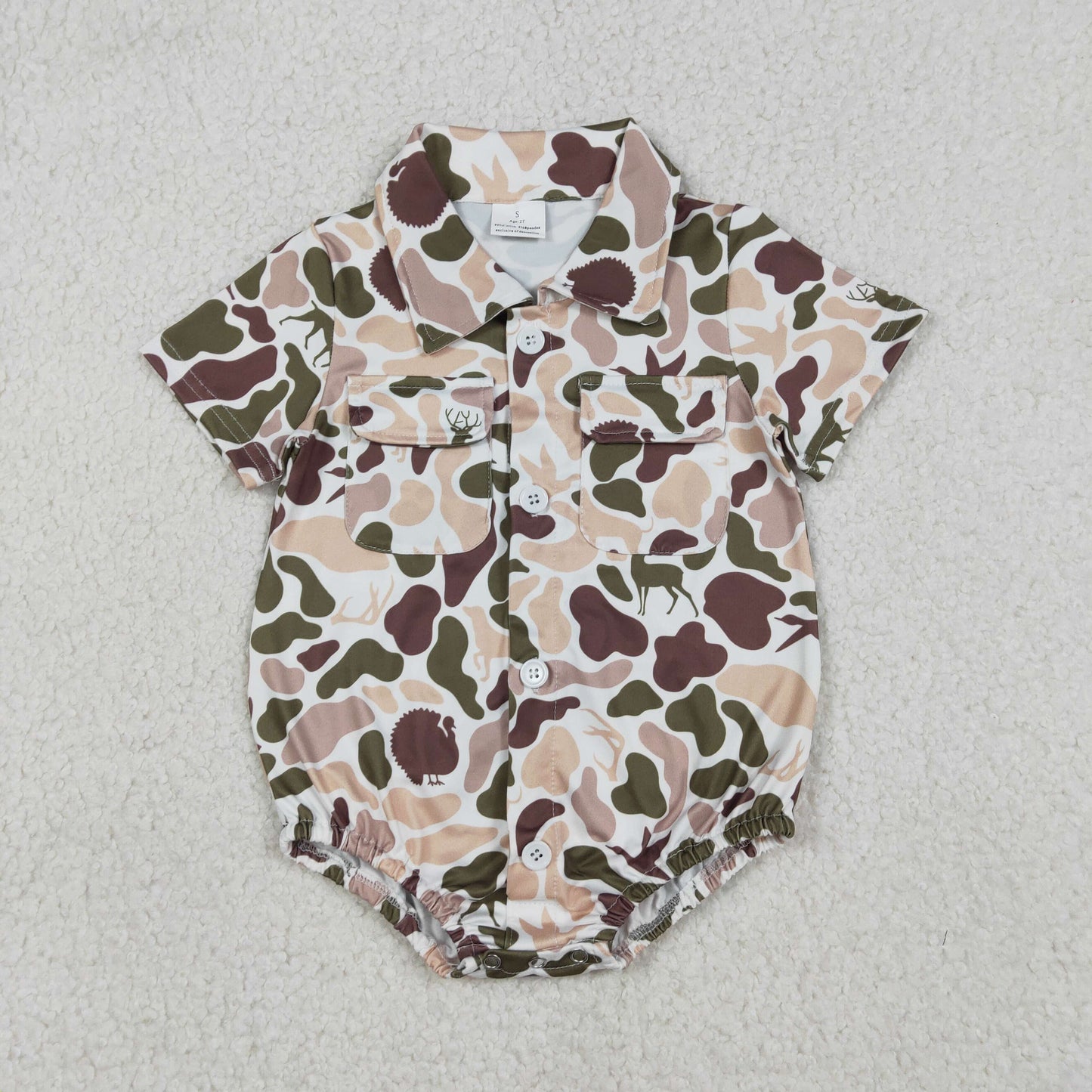 RTS NO MOQ(In Stock) Duck and Puppy Camouflage Pocket Button Collar Short-Sleeve Jumpsuit