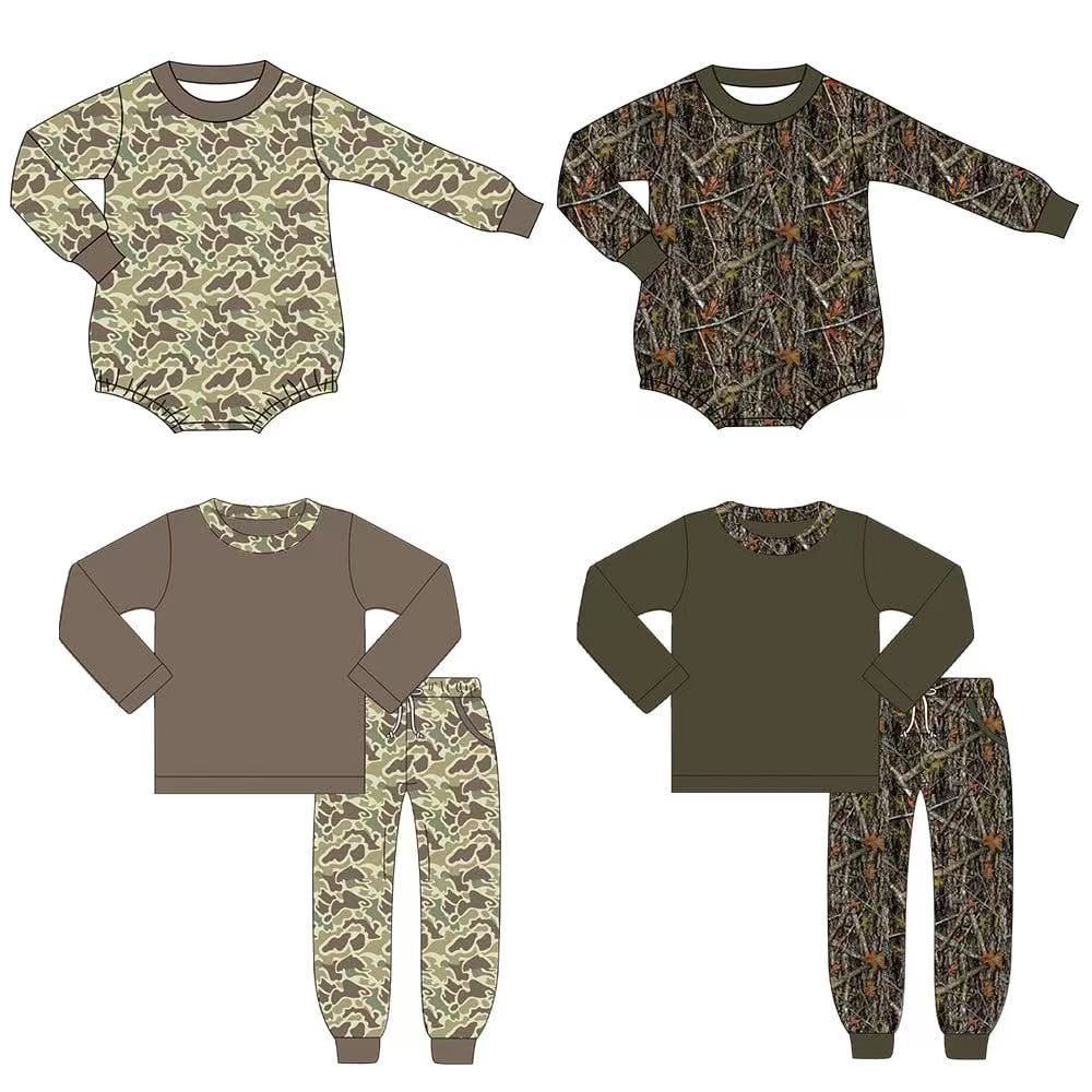 Custom moq 5 each style eta 6-7weeks baby girl clothes camouflage long sleeve pants set 2 and rompers 2-25.8.9