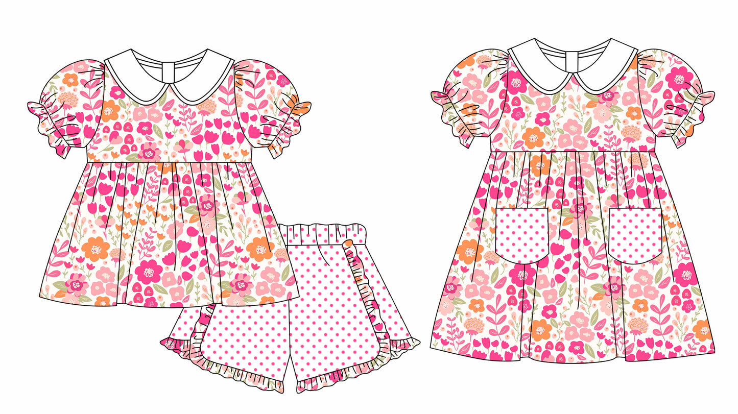 11.3 custom each style moq 5eta 4-6week Sibling Sister floral baby girl short sleeve shorts sets and briefs sets and dresses match design
