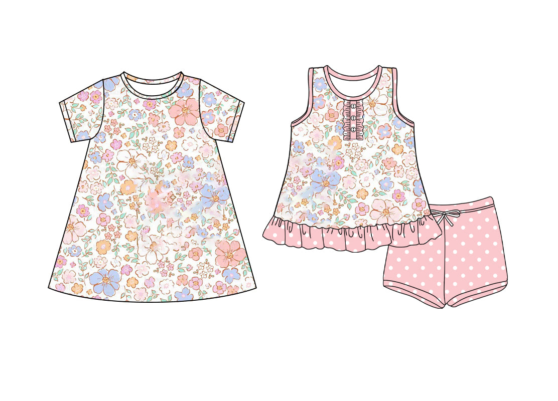 4.4 custom each style moq 5eta 4-6week Sibling Sister floral baby girl short sleeve shorts sets and dresses match design