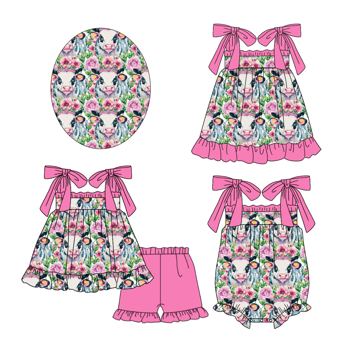 11.23 custom each style moq 5eta 4-6week Sibling Sister cow floral baby girl short sleeve shorts sets and dress and rompers match family design