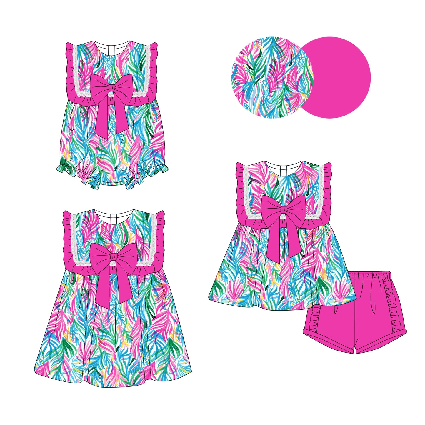 3.14 custom each style moq 5eta 4-6week Sibling Sisters floral pattern baby girl short sleeve shorts sets and dress and rompers match family design