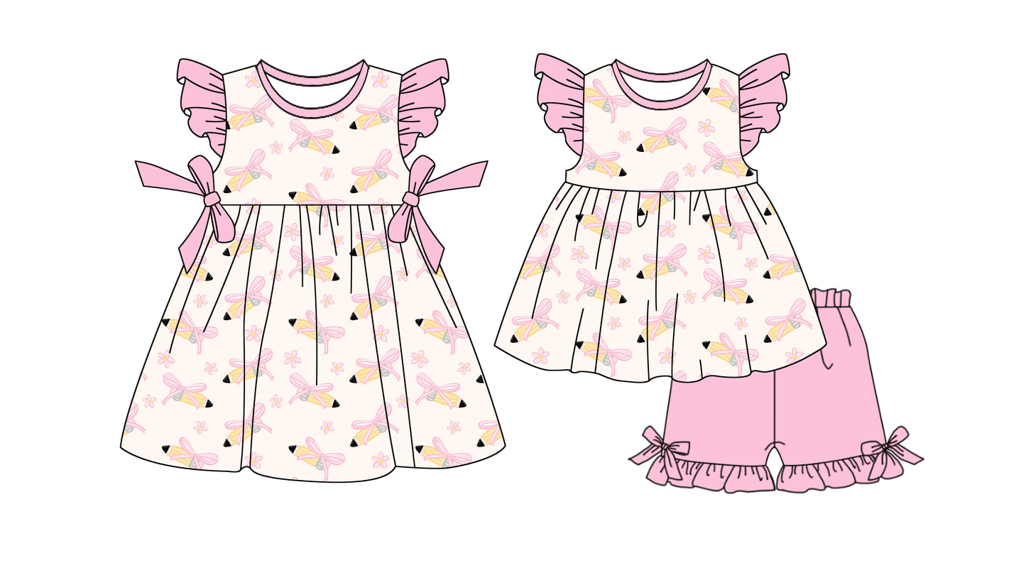 25.12.30 custom each style moq 5 eta 6-8week Sibling Sister bow pencil baby short sleeve shorts sets and dress match design