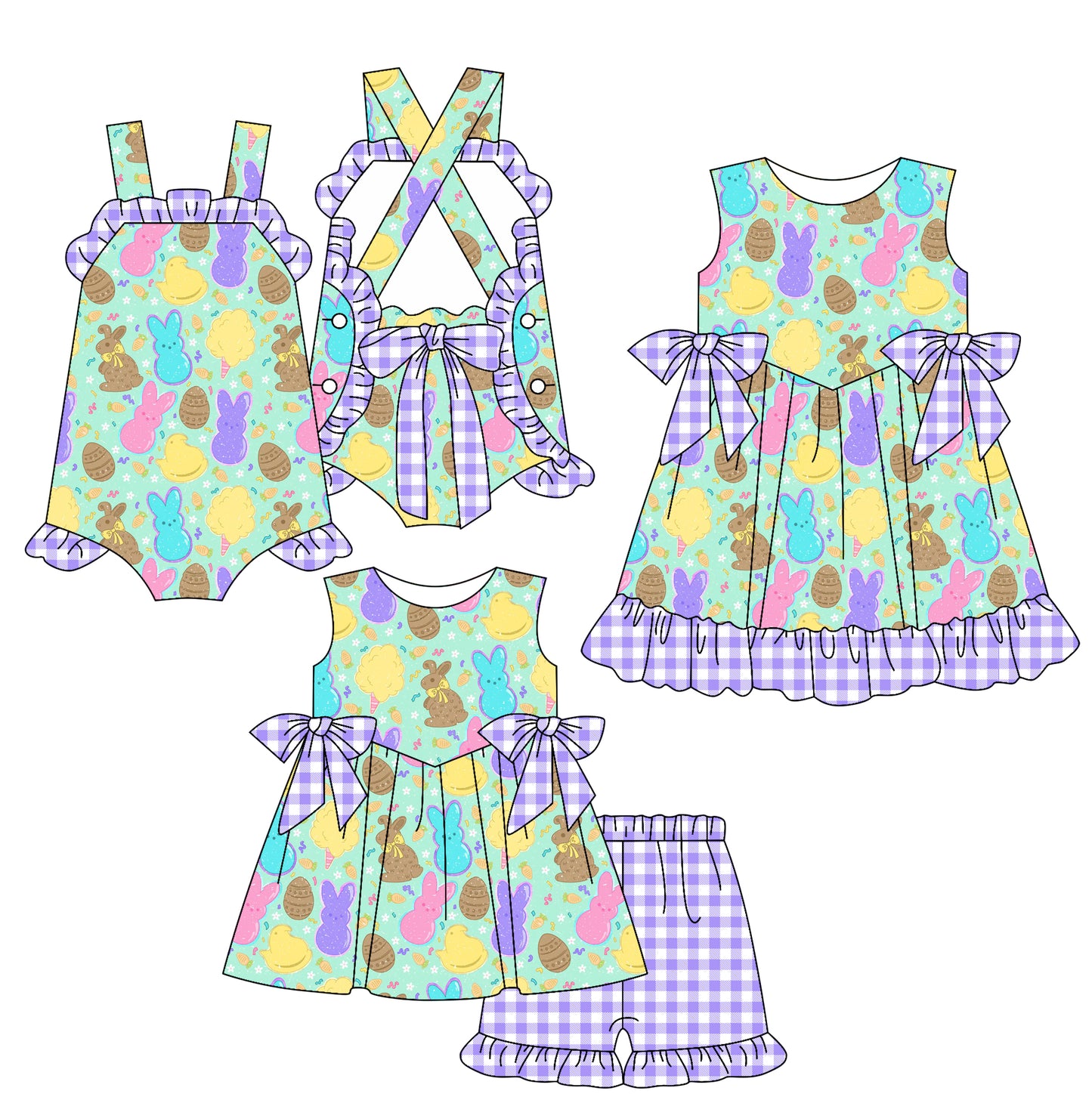 25.12.25 custom each style moq 5 eta 6-8week Sibling Sister bunny bow baby short sleeve shorts sets and romper and dress match design