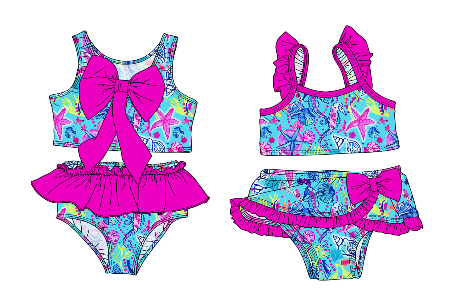 3.14 Custom moq 5 mix size Sibling Baby Girls Pink Sleeveless Blue Top With Bow Bummies Two-Piece Set Infant Swimwear