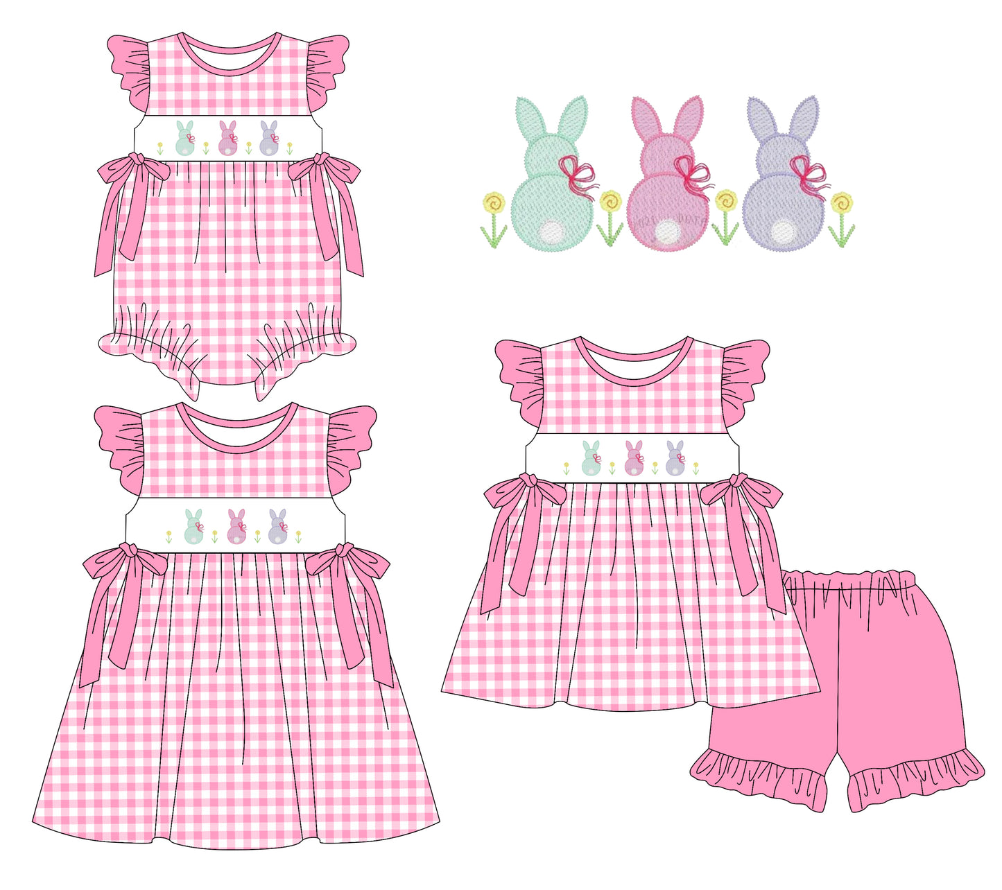 25.12.20 custom each style moq 5 eta 6-8week Sibling Sister bunny bow baby short sleeve shorts sets and romper and dress match design