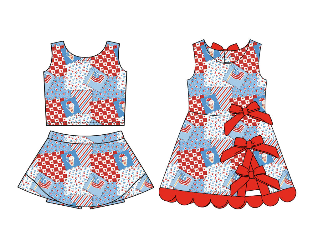 3.6 Custom moq 5 mix size Sibling Baby Girls Plaid 4th of July Sleeveless Top And Skirt Sets Dress Yoga Outfit