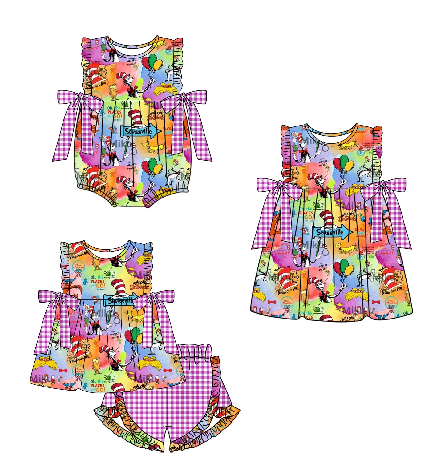 12.12 custom each style moq 5eta 4-6week Sibling Sister dr seuss baby girl short sleeve shorts sets and dress and rompers match family design