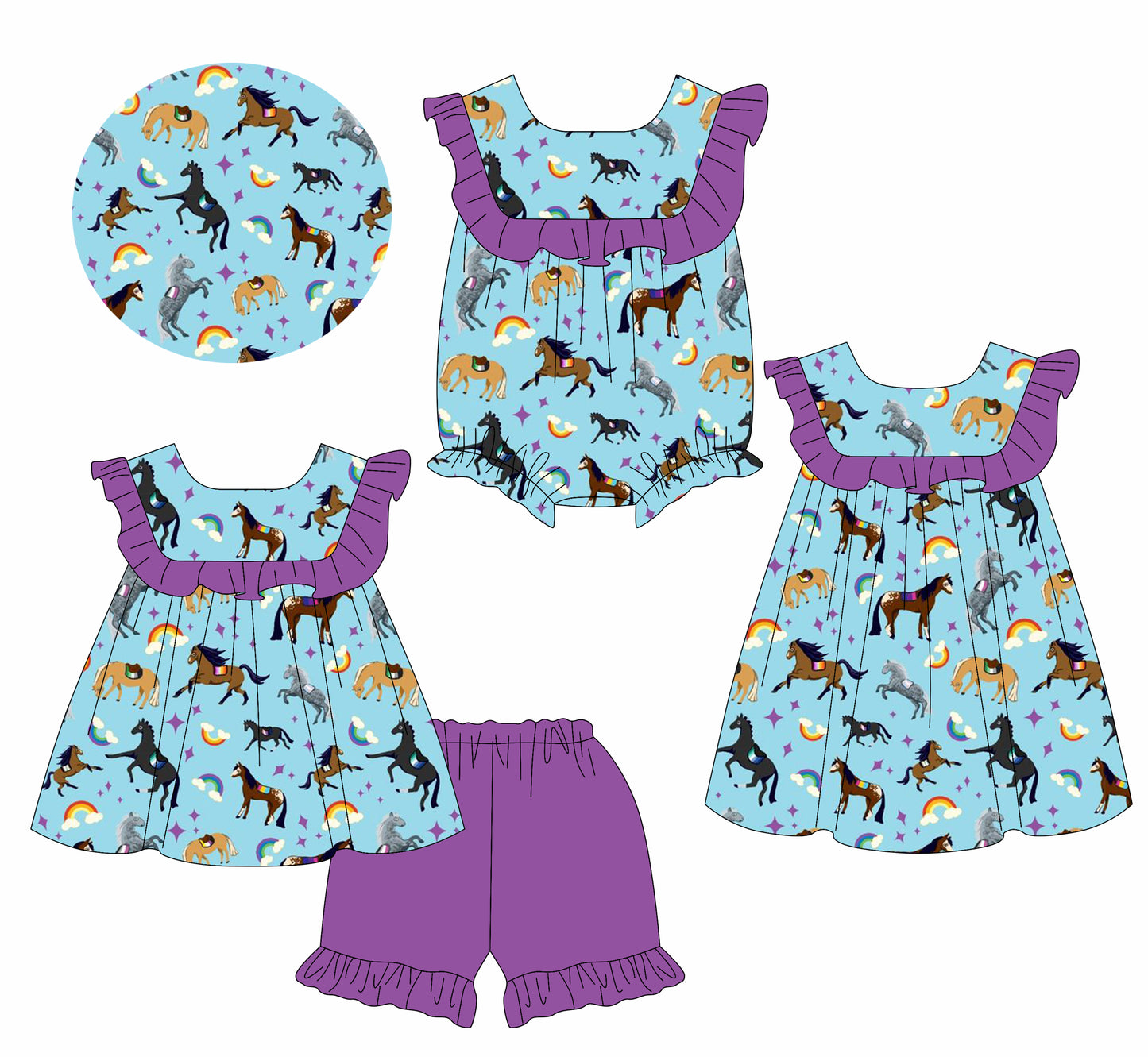 3.1 custom each style moq 5eta 4-6week Sibling Sister horse baby girl short sleeve shorts sets and dress and rompers match family design