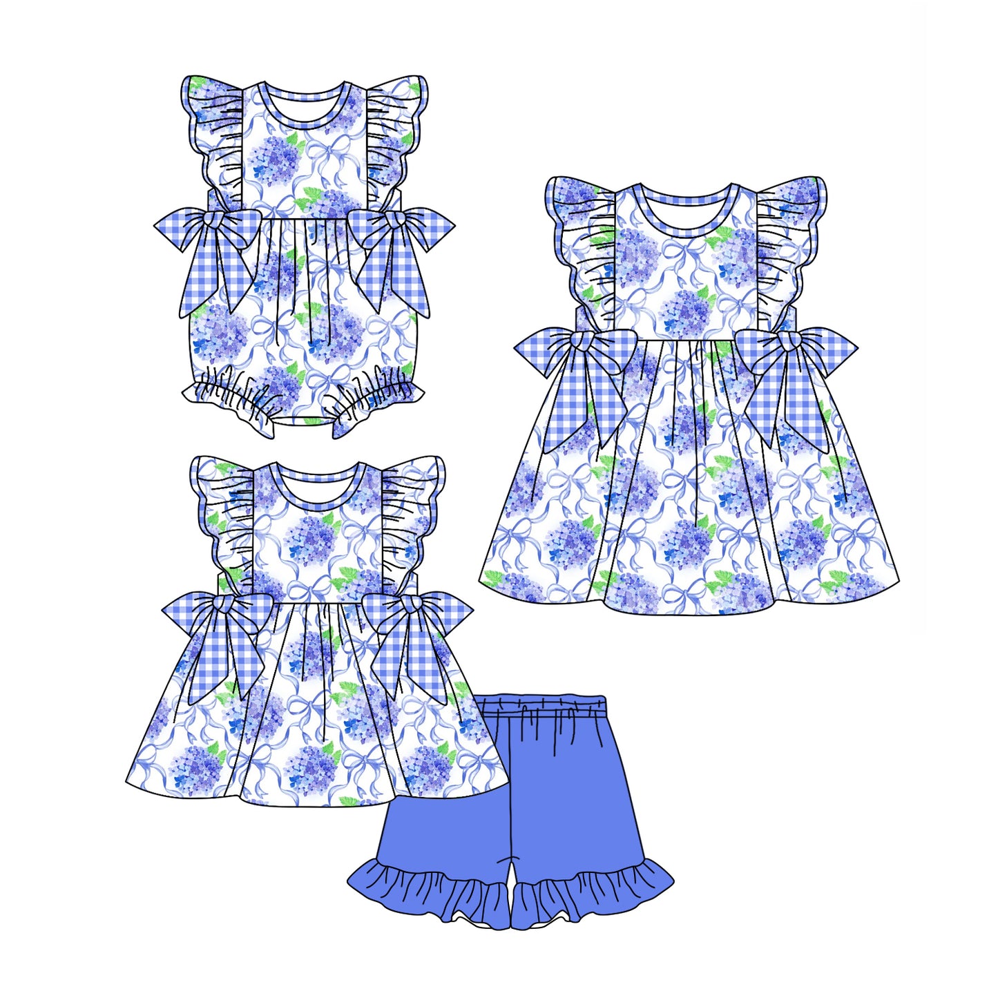 4.1 custom each style moq 5eta 4-6week Sibling Sisters bow floral baby girl short sleeve shorts sets and dress and rompers match family design