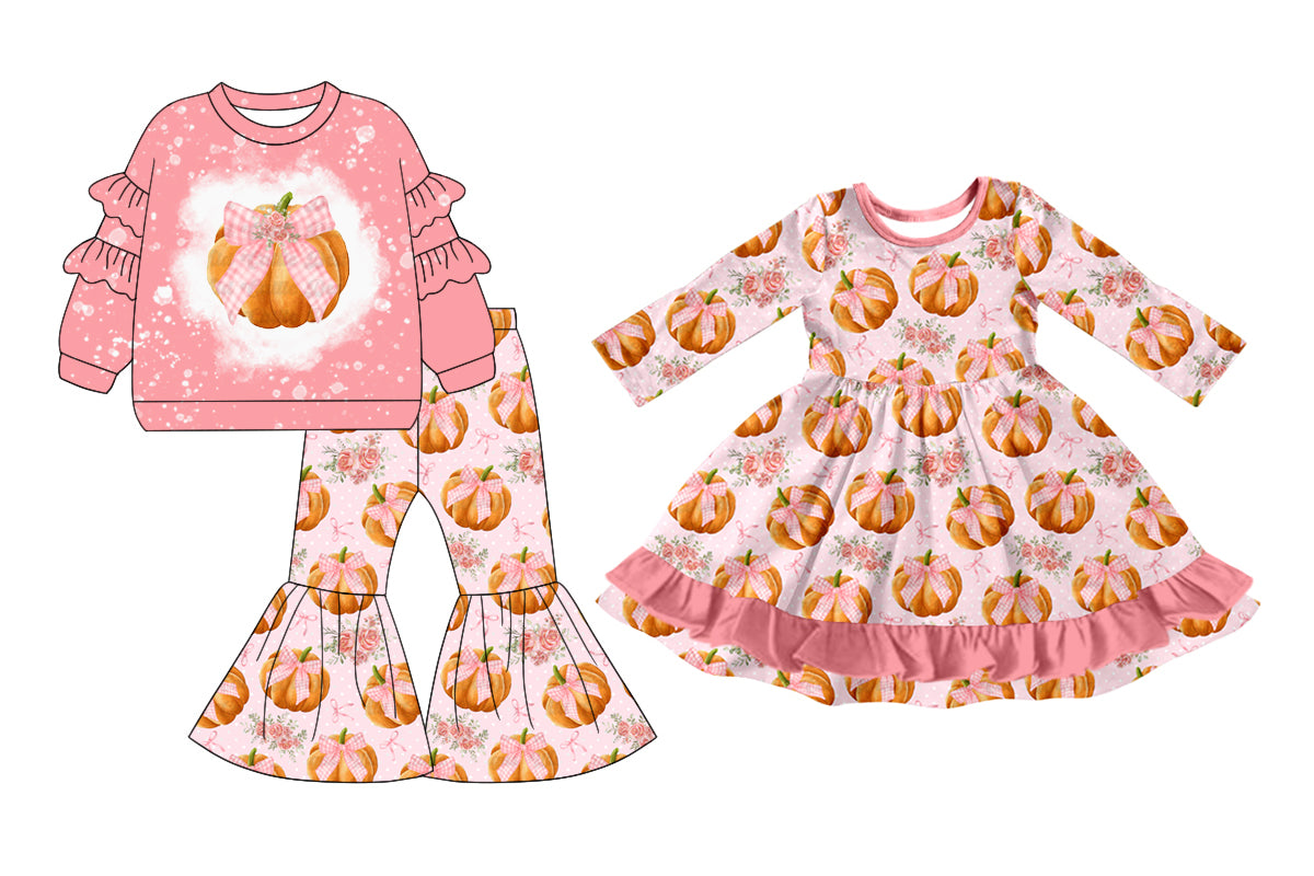 25.7.10 custom each style moq 5eta 4-6week Sibling Sisters pumpkin bow pink baby girl long sleeve pants sets and dress match family design